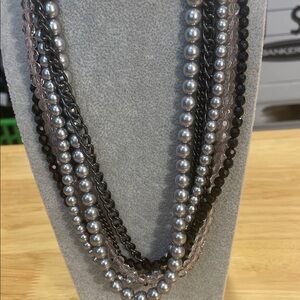 Elegant Multi-Strand Pearl, chain,  and Bead Necklace in hues of blk/gry/pnk